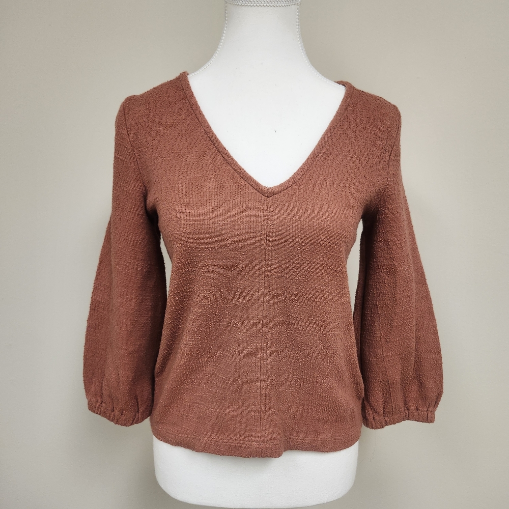 Madewell Textured V Neck Balloon Sleeve Cropped Top XXS Rust Orange